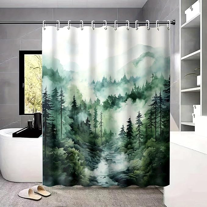 Dreamrflove Forest Mountain Shower Curtain DarkGreen Nature Misty Pine Rustic Bathroom Decorative Tree Bathroom Decor 72x72 Inch Waterproof Polyester