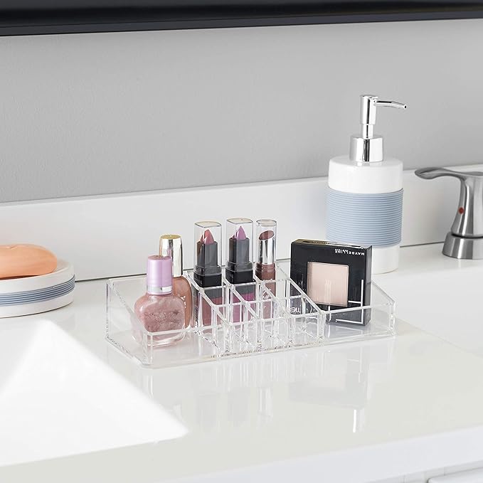 Home Basics Multi-Functional Plastic 11 Compartment Makeup Organizer Nail Polish, Lipstick, Eyeliner, Foundation, Blush, for Vanities, Counter-top, Dressers, Clear