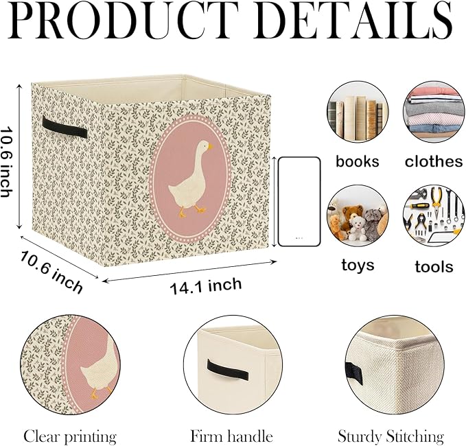 Goose Girl Nursery Storage Bin Box with Handles, Pink Goose Cottagecore Floral Foldable Baskets Organizer for Kids Girls Room Nursery Bedroom Bathroom Home Clothes Toys Books