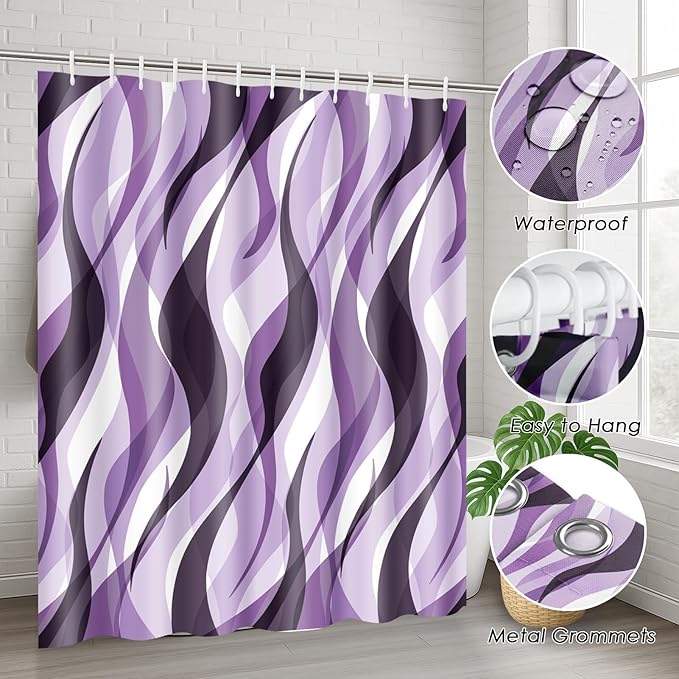 Purple Shower Curtain Set with Toilet Lid Cover and Non-Slip Rugs for Bathroom, Geometric Lines Ombre 4 Pcs Shower Curtain, Simple Abstract Modern Bathroom Set with 12 Hooks