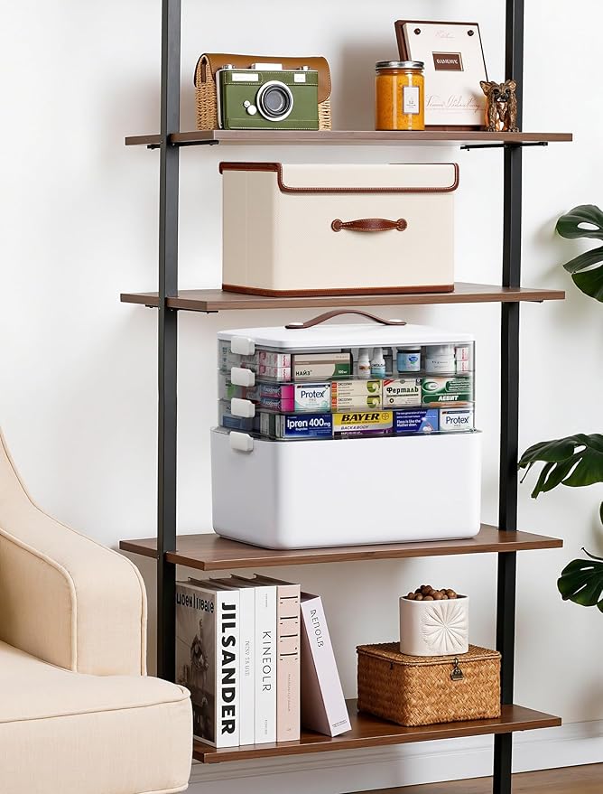 Large Medicine Cabinet Organizer with Tall Bottle Storage Bin & 7-Day Pill Box, 4-Tier Medicine Storage Organizer, Family First Aid Box Empty for Home(4C Medicine Box + Fabric Set)