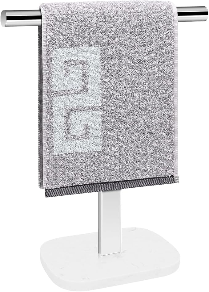 NearMoon T-Shape Hand Towel Holder-Bath Towel Rack-Standing with Balanced Base Towel Bar for Bathroom Kitchen Vanity Countertop, Modern Stand Towel Ring with Marble Base (14 Inch, Chrome)