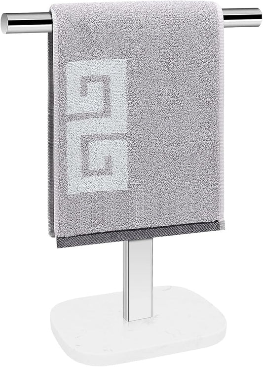 NearMoon T-Shape Hand Towel Holder-Bath Towel Rack-Standing with Balanced Base Towel Bar for Bathroom Kitchen Vanity Countertop, Modern Stand Towel Ring with Marble Base (14 Inch, Chrome)