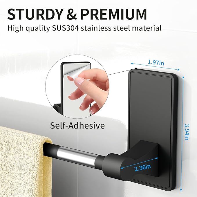 4 Pieces Bathroom Hardware Set, Stainless Steel Bathroom Accessory Set, 16 Inch Bath Towel Bar Set Self Adhesive Towel Racks for Bathroom Wall Mounted，Matte Black