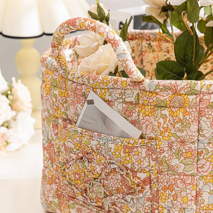 Quilted Fabric Basket Car Storage Basket Boho Floral Laundry Hamper for Nursery Bedroom & Living Room | Organize Clothes Toys