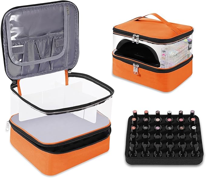 Beloving Clear Nail Polish Organizer, Double-Layer Nail Polish Bag Organizer Case Holds 30 Bottles and Nail Dryer, Nail Organizers and Storage for Manicure Tools-Orange