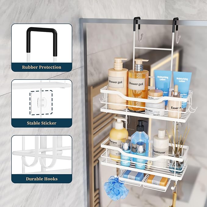 Consumest Over The Door Shower Caddy - 3 Tier Shower Organizer Hanging with Soap Holders, Large Capacity Shower Shelves with 6 Hooks, Bathroom Rack and Storage, White