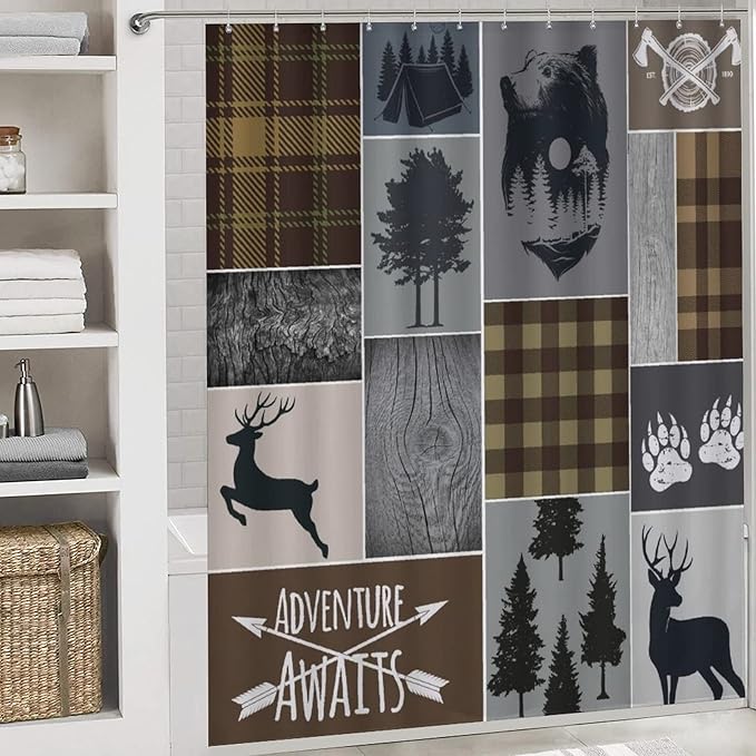 Rustic Plaid Bear Cabin Shower Curtain Sets with Rugs 4 Piece Accessories Bathroom Curtains Shower Set Include Shower Curtain Non-Slip Rug Toilet Lid Cover Bath Mat One Size