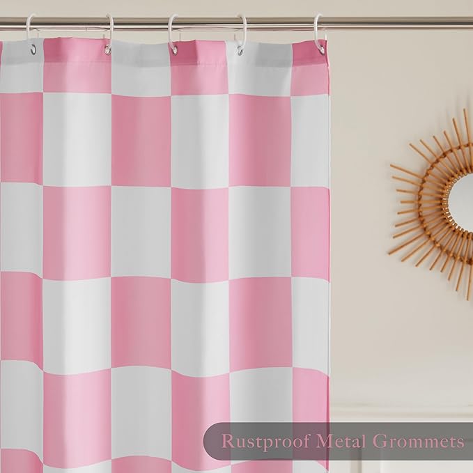 Checkered Shower Curtain, Pink Shower Curtains for Bathroom, Cute Retro Checkboard Shower Curtain Vintage Aesthetic, Washable Fabric Bath Curtain 72''x72''