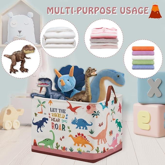 Dinosaur Room Decor Basket for Boys, 36L Volcano Baby Laundry Basket Leaf Cactus Kid Storage Bin Rectangular Collapsible Clothes Book Toy Bin for Boy,Pink Easter Gift
