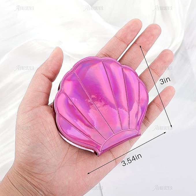 AUEAR, 4 Pack Glitter Shell Mirror Double-Sided Magnification Makeup Mini Portable Foldable Handheld Compact for Purse Handbag Pocket Women Colors