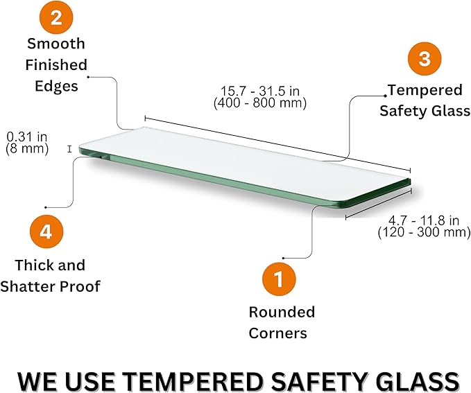 Glass Shelves - Tempered Safety Glass Shelves for Bathroom, Choose Over 20 Shelf Brackets and Multiple Shelf Sizes - Scoop Style - 23.6 x 7.9 in - White Clip