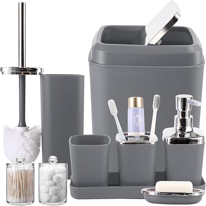 XLHOMO Grey Bathroom Accessories Sets Complete, 9-Piece Bathroom Accessories with Trash Can, Vanity Tray, Soap Dispenser, Soap Dish, Toothbrush Holder, Toothbrush Cup, Toilet Brush and Qtip Holders