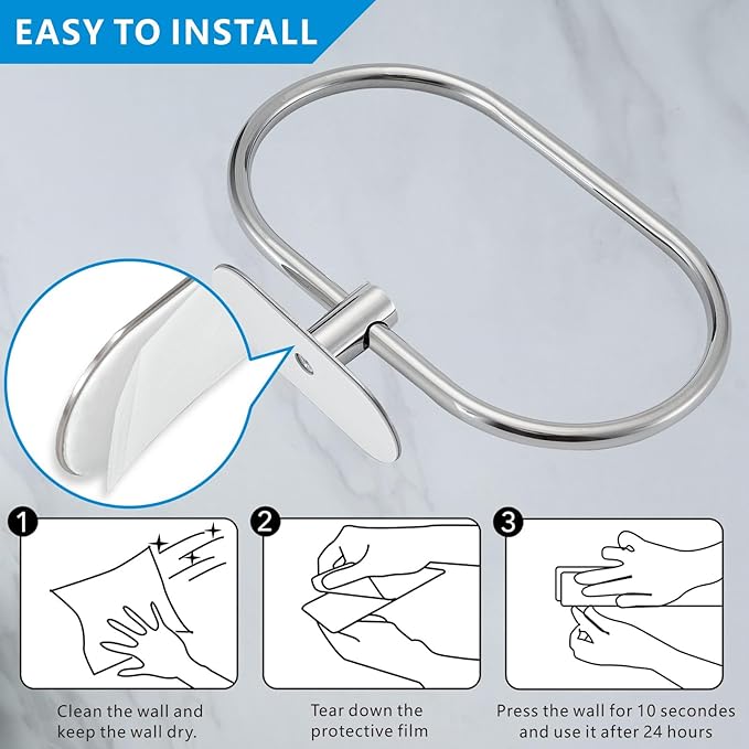 Towel Bar/Bath Towel Ring, Self Adhesive Hand Towel Ring for Bathroom, Stainless Steel Sticky Hand Towel Holder, No Drilling Modern Round Towel Hanger Wall Mounted (Chrome)