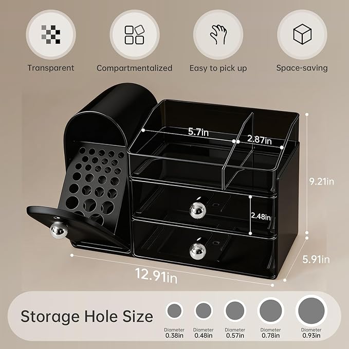Makeup Organizer with Brush Holder, Large Cosmetic Storage, Skincare Organizer for Bathroom Countertop, Vanity Organizer for Lipstick, Perfume, Nail Polish, Mothers Day Gifts for Women(Black)