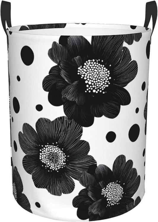 Black Floral Laundry Hamper, Collapsible Storage Basket with Handles for Clothes, Bedroom, Bathroom 19.6 x15.7 Inch