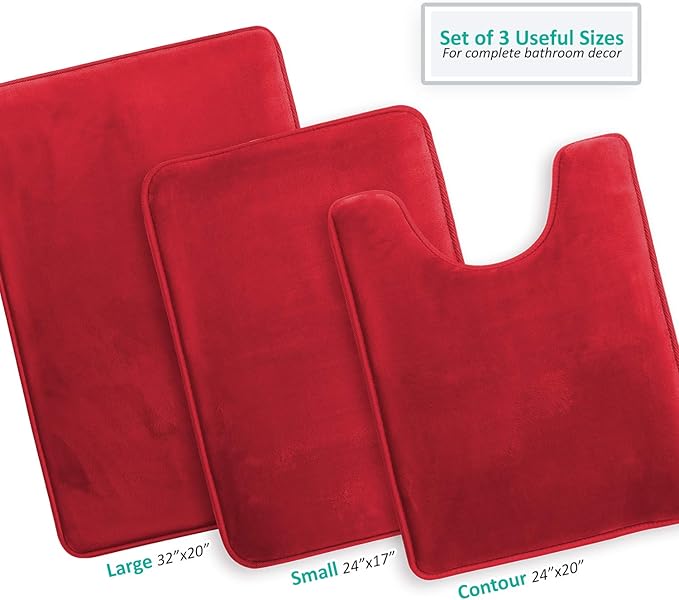 Clara Clark 3 Piece Bathroom Rugs Bath Mat Set, Velvet Memory Foam Bath Mats for Bathroom - Non-Slip, PVC Backing Bath Rugs, Washable - Dries Quickly, Burgundy