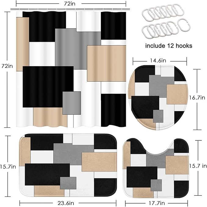 Beige Geometric Shower Curtain Set with Toilet Lid Cover and Non-Slip Rugs for Bathroom, Black Grey White Checkered 4 Pcs Shower Curtain, Modern Abstract Bathroom Set with 12 Hooks