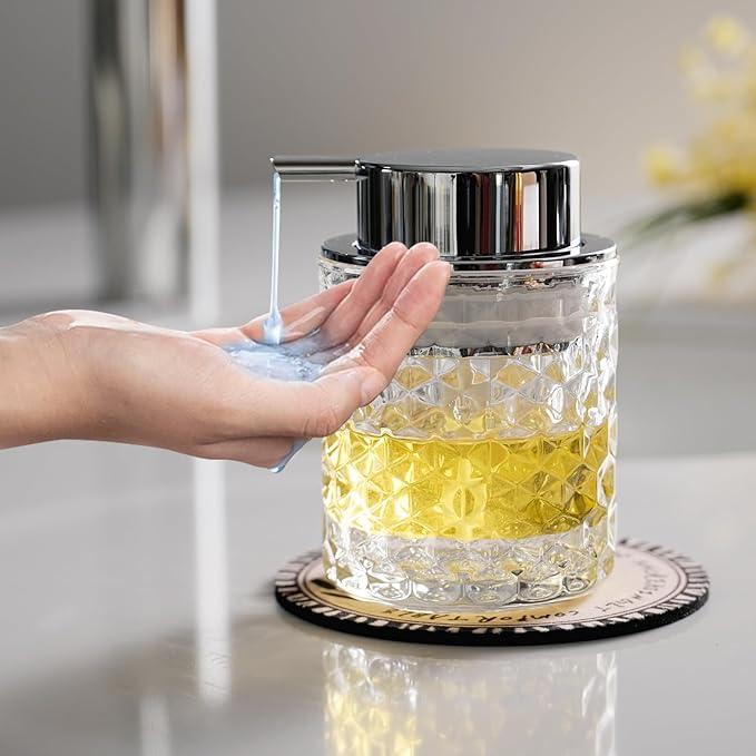 CICUFY Hand Soap Dispenser Glass, Refillable Liquid Dispenser for Bathroom & Kitchen,Lotion Dispenser with Large Silver Pump（Diamond Pattern-Clear）