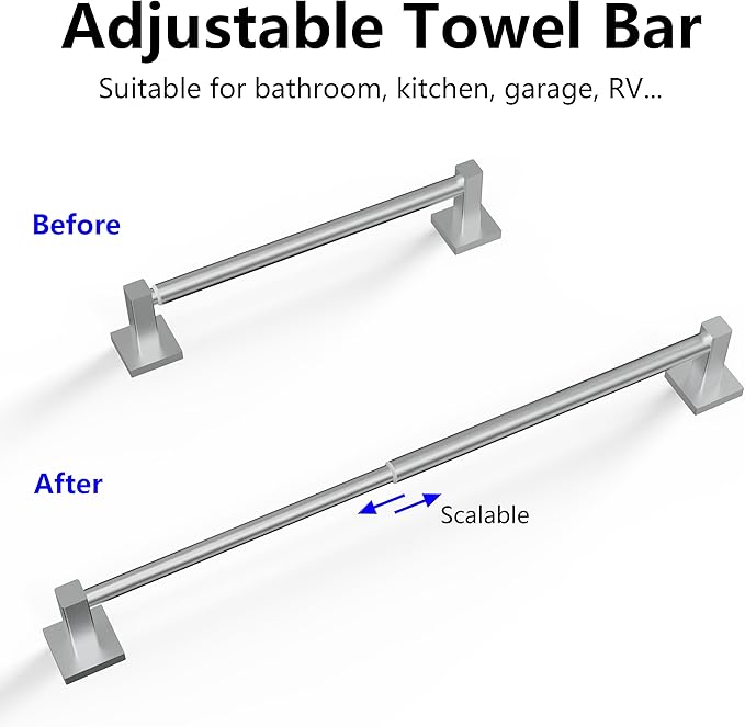 Towel Bar, Adjustable 12.7inch to 23.2inch Wall Mounted Towel Rack for Bathroom, Kitchen, SUS 304 Stainless Steel Towel Rod with Square Base (Brushed Nickel)