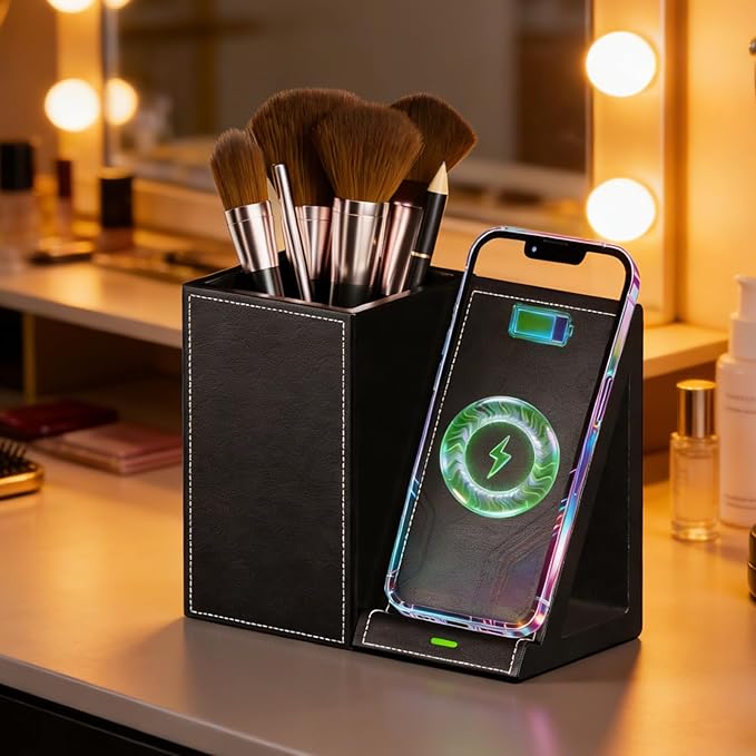 LADSTAG Makeup Brush Holder,Leather Makeup Brush Holder Organizer with phone charging stand???Makeup Organizers Countertop, Makeup organization and Skincare Storage for Vanity, Desktop, Bathroom