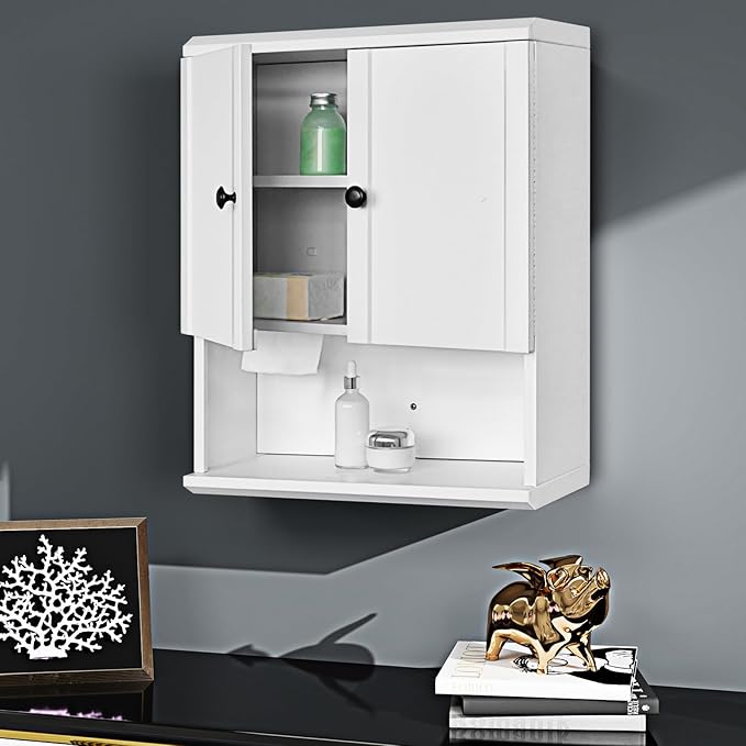 Fundin White Bathroom Wall Metal Cabinet with Hidden Tissue Slot & Adjustable Shelves, Over The Toilet Storage Cabinet for Bathroom Laundry Room