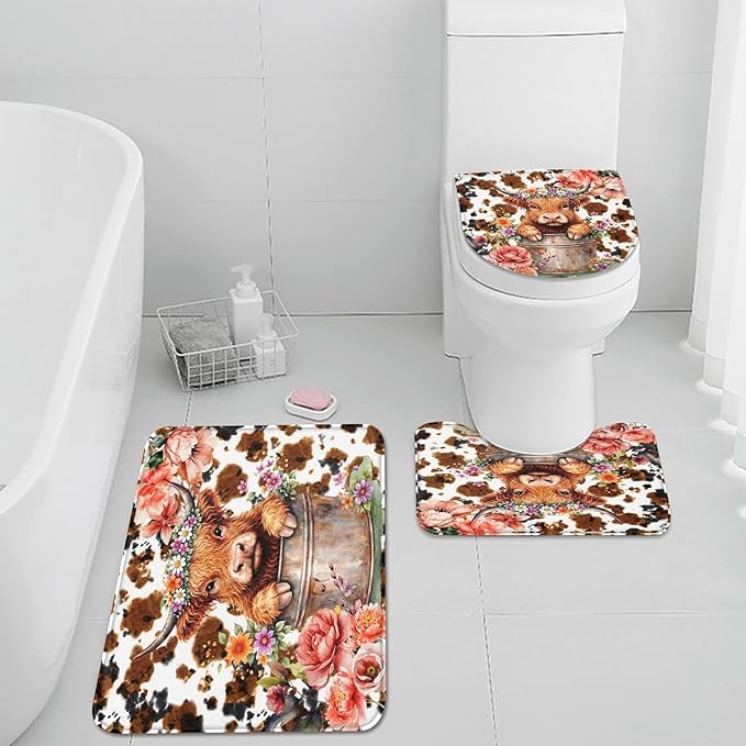 Pamnest 4 Pcs Shower Curtain Sets, Highland Calf Abstract Paw Waterproof Bathroom Sets with Non-Slip Rugs, Toilet Lid Cover and Bath Mat, Accessories Modern Home Bathroom Decor 72" X 72"