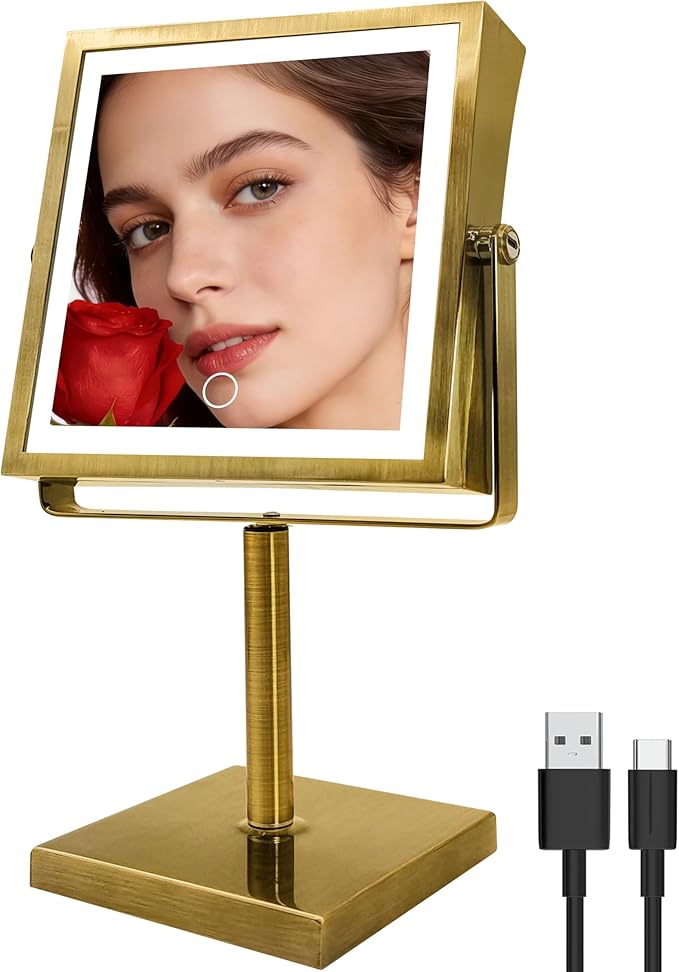 Ruacq Makeup Mirror with Lights, 4000mAh Rechargeable Magnifying Mirror with Light, 1X/10X, Height Adjustable Bathroom Vanity Mirror, 3 Colors, Adjustable Brightness (Antique Brass)
