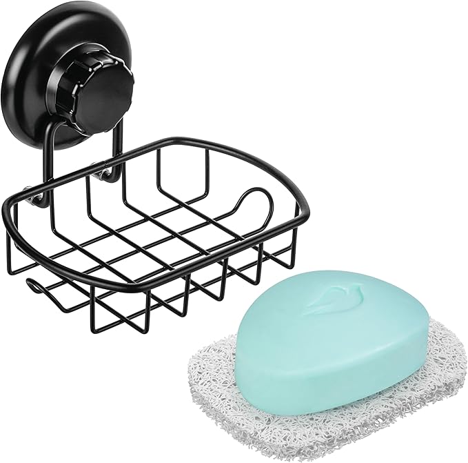HASKO accessories Suction Soap Dish with Hooks - Super Powerful Vacuum Suction Cup Shower Soap Holder - Rustproof Stainless Steel SS304 Soap Basket - Sponge Holder for Bathroom & Kitchen (Black)