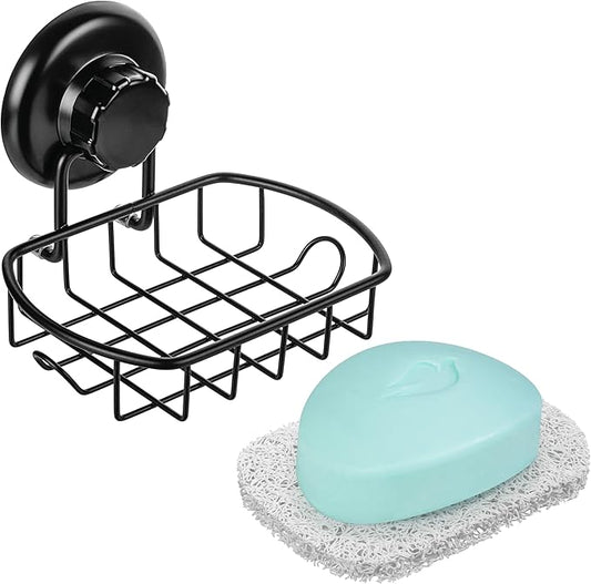 HASKO accessories Suction Soap Dish with Hooks - Super Powerful Vacuum Suction Cup Shower Soap Holder - Rustproof Stainless Steel SS304 Soap Basket - Sponge Holder for Bathroom & Kitchen (Black)