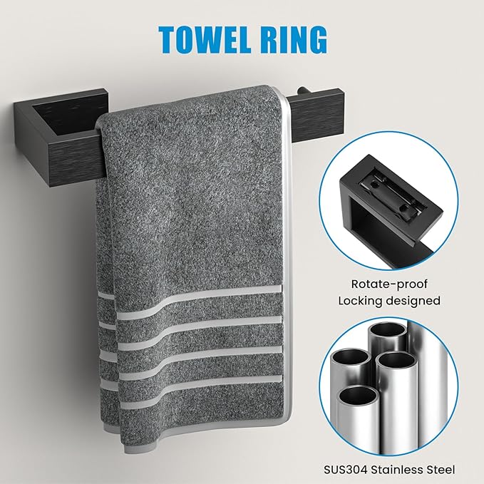 4 Pcs SUS304 Stainless Steel Bathroom Accessories Set, 24" Towel Bar, Towel Holder, Toilet Paper Holder, Robe Hook, Minimalist Design for All Styles Bathrooms (Brushed Black)