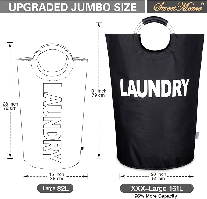 Huge Laundry Basket Collapsible 160L, Oversized Clothes Hamper Bag with Handles – Tall Folding Dirty Laundry Bin, Sturdy Laundry Sorter for Family, Heavy Duty – Jumbo Size - Black