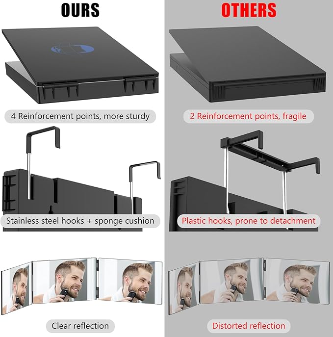 OLIBUY 3 Way Mirror with LED for Hair Cutting, Tri-fold Mirror for Shaver and Makeup, Adjustable Telescoping Hooks-with LED Version