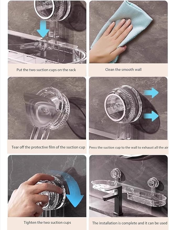 Suction Organizer Rack Above Sink, Suctions Organizer Rack Bathroom Sink, No Drill Kitchen Wall Mounted Shelf for Dishcloth, Soap Storage with Drainage (Gray)