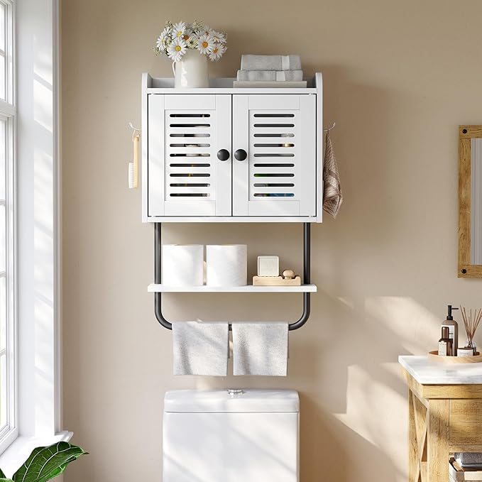 HOOBRO Medicine Cabinet, Double Doors Bathroom Wall Cabinet with Towel Bar, Adjustable Shelf, 2 Hooks, Over The Toilet Storage Cabinet, for Bedroom, Kitchen, White BW46CW01