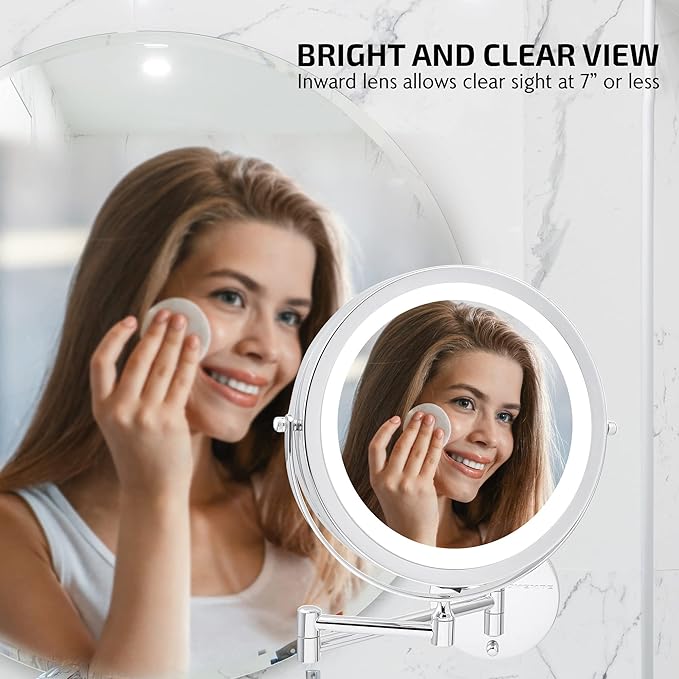 OVENTE Wall Mounted Lighted Makeup Mirror, 9" Double Sided 1X/10X Magnifying Vanity Mirror for Bathroom with LED Lights, Cordless, 360° Rotation and 13" Extendable Arm, Polished Chrome MFW85CH1X10X