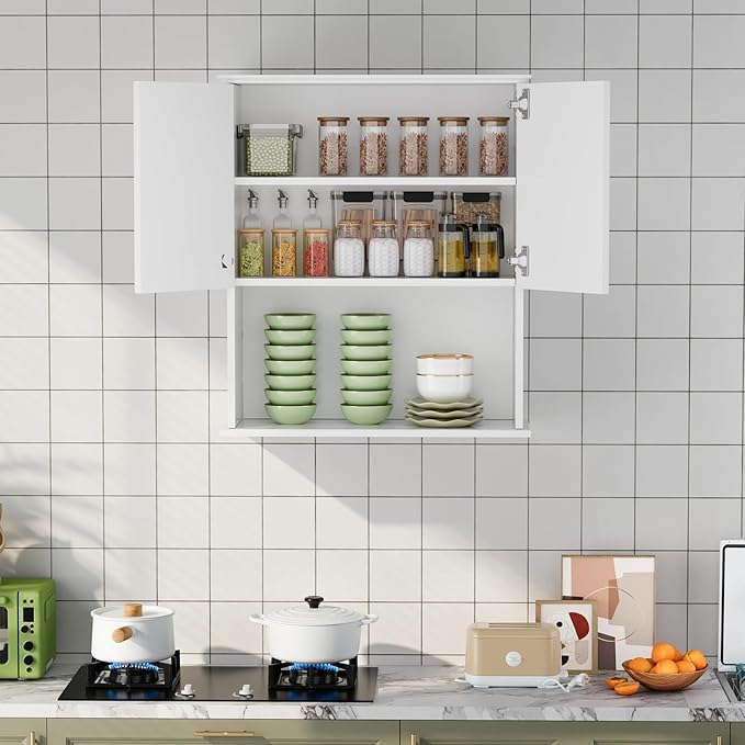 White Bathroom wall Cabinet,Over the Toilet Storage Cabinet,Bathroom and Laundry Wall Mount Storage Medicine Cabinet with Open and Adjustable Shelf,Easy Assembly (Style B-1 PC, White)