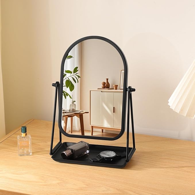 Desk Table Mirror Black Arch Desktop Vanity Mirror Iron Frame Make up Mirrors with 360 Degree Swivel Countertop Mirrors for Dressing Room Bathroom Bedroom Apartment