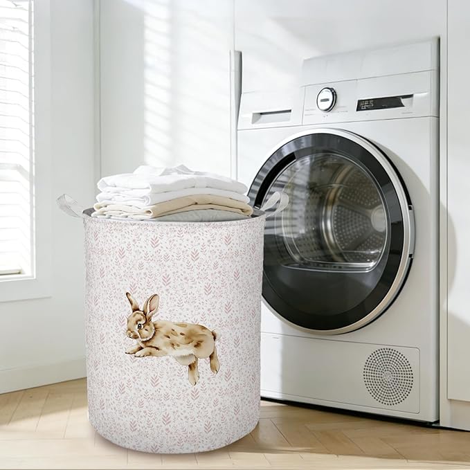 Pink Floral Bunny Laundry Basket Hamper, Bunny Nursery Decor, Pastel Wildflower Rabbit Foldable Clothes Toys Books Storage Box Bins Baskets Organizer for Girls Kids Bedroom Bathroom