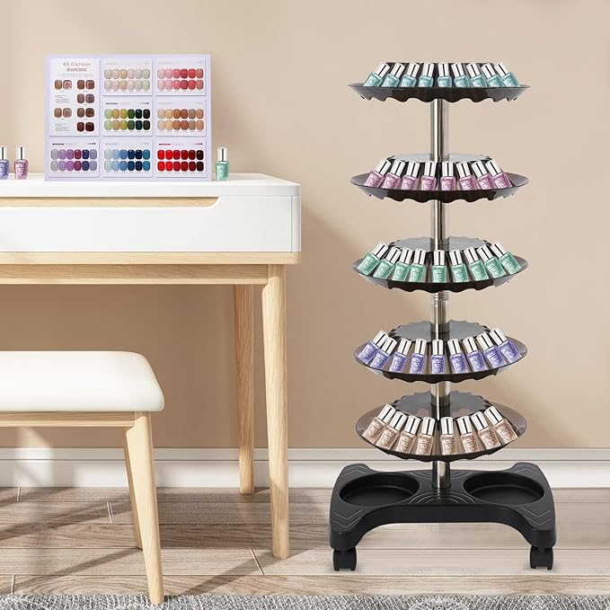 Nail Polish Trolley Organizer, 5 Tiers 360° Rotating Tray Nail Polish Spinning Rack Display Stand with Wheels, Display Rolling Cart for Spa Home Use