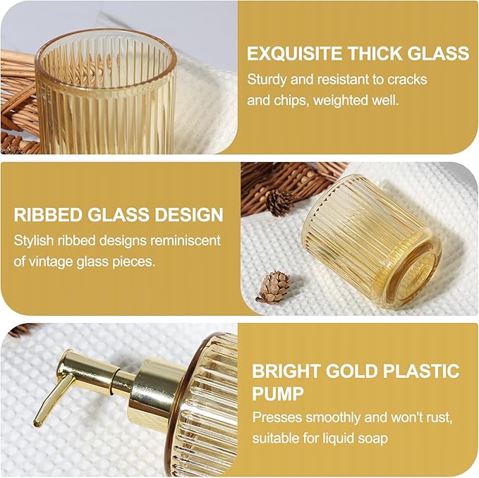 KASUNTING Gold Bathroom Accessories 4 Pcs, Gold Glass Soap Dispenser and Toothbrush Holder Set, Qtip Holder Set, Glass Bathroom Soap Dispenser Set, Yellow Orange Bathroom Decor
