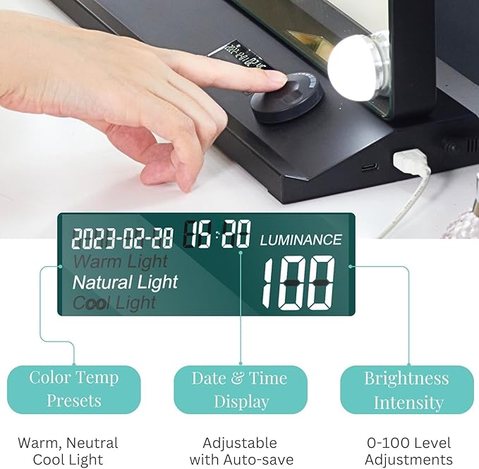 LUXFURNI Vanity Mirror with Lights, Makeup Mirrors Hollywood Mirror with 15 LED Bulbs, 3 Colors Modes & Adjustable Brightness, 10x Magnification, USB Charging (23"x 18")