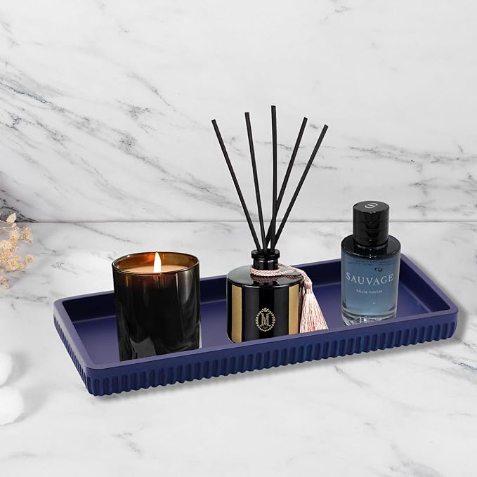 XLHOMO Resin Navy Blue Bathroom Accessories Set 5 Pcs, Lotion Soap Dispenser, Toothbrush Holder, Bathroom Tumbler, Qtip Holder and Vanity Tray, Bathroom Countertop Organizer Set for Modern Apartment