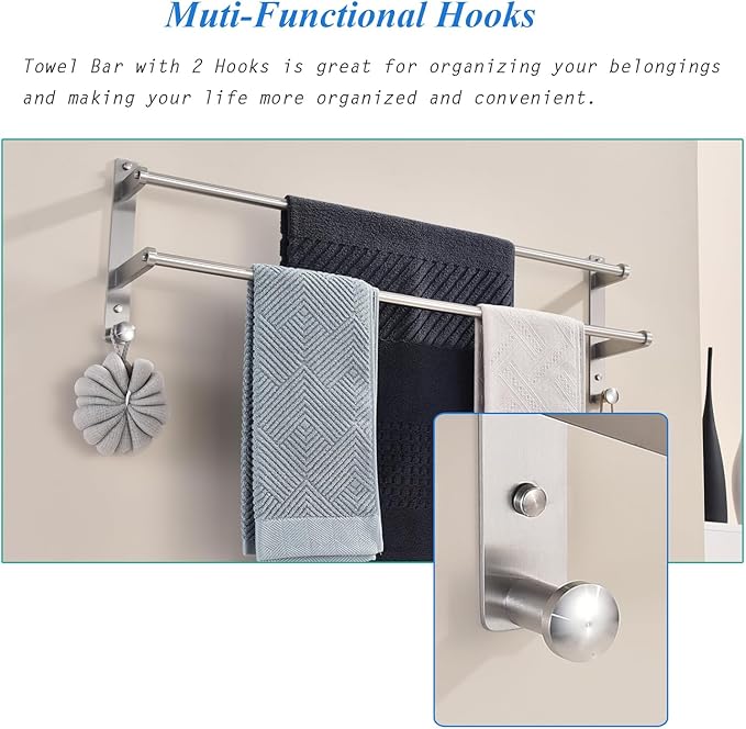 30-Inch Double Towel Rack with Hooks - Brushed Stainless Steel Long Towel Hanger, Wall Mounted Towel Bar for Bathroom