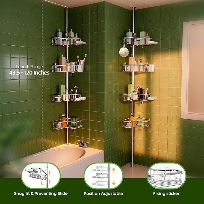 Corner Shower Caddy Tension Pole, 4 Tier Rust-Resistant Adjustable Bathroom Organizer Shelves, Bathtub Storage Rack with Soap Holder, No-Drill Install, Floor to Ceiling Rod 47-121 Inch, Silver
