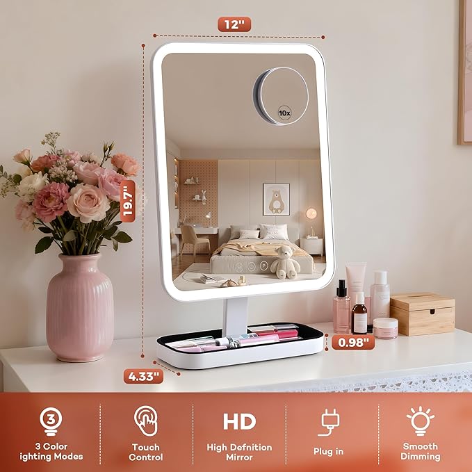 Vanity Mirror with Lights, Storage Hollywood Mirror, 1/10X Magnifing, 3 Colors Lights & Adjustable, Lighted Up Mirror for Makeup Desk, Bedroom, Dressing Room, （19.7" X 12" White） Plug in