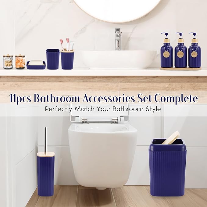XLHOMO Navy Blue Bathroom Accessories Set 17PCS Bathroom Set with Trash Can 3PCS Lotion Soap Dispenser, Toothbrush Holder,6PCS Wood Tags Bath Accessories with Tray for Kitchen Bathroom