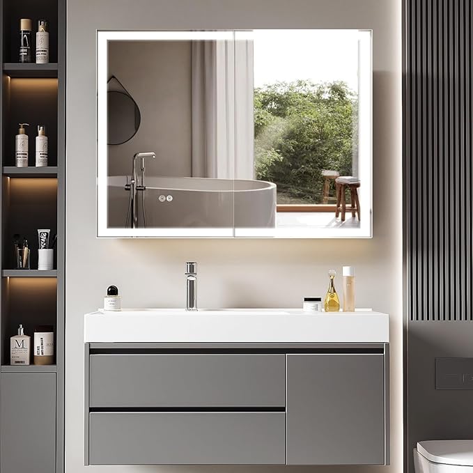 32 x 26 Inch Lighted Medicine Cabinet with 2-Side LED Mirror & Electrical Outlet, 3 Color Lights Dimmable Tempered Glass Frontlit Anti-Fog UL Listed Recessed Wall Mount for Bathroom Storage