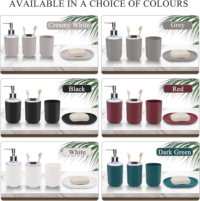 Matte White Bathroom Accessories Set, 4-Piece Plastic Bathroom Vanity Set with Soap Dispenser, Toothbrush Holder, Rinse Cup & Soap Dish, White Bathroom Counter Organizer