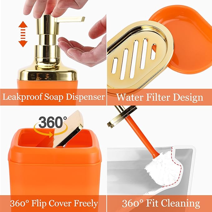 XLHOMO Orange Bathroom Accessories Set, Orange and Gold Bathroom Accessories with Trash Can, Soap Dispenser, Soap Dish, Toothbrush Holder and Q-tip Holders